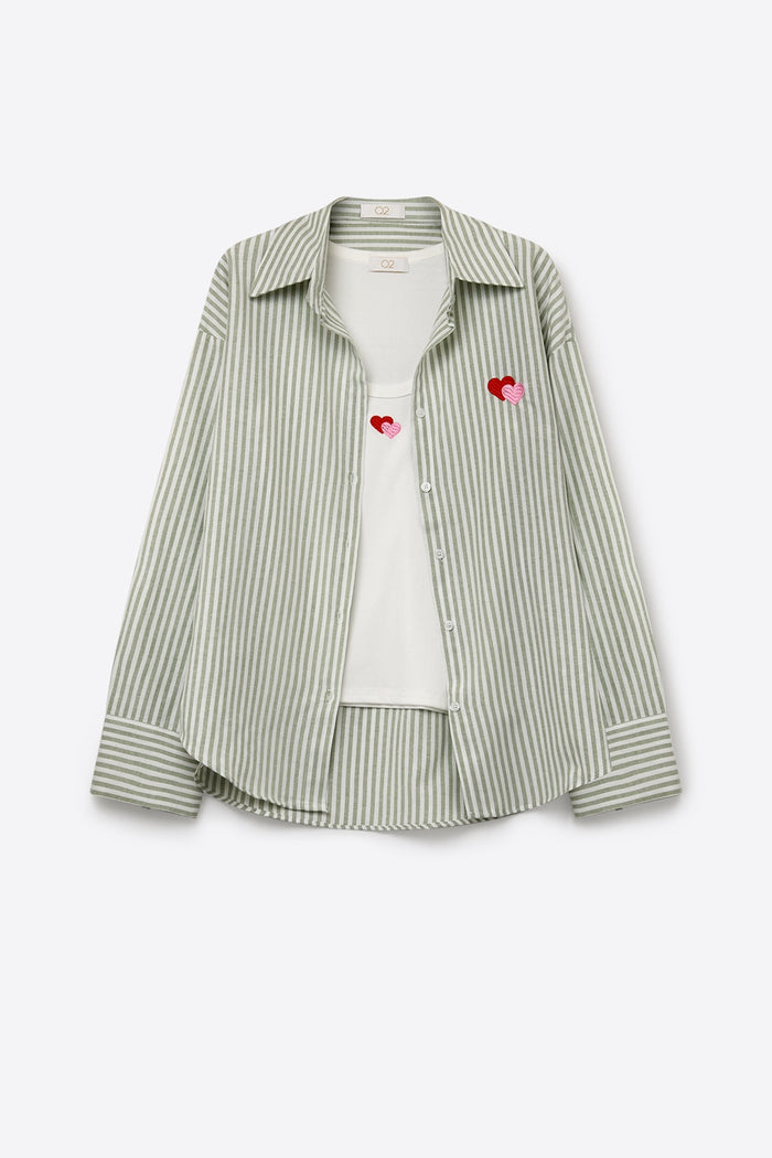 green Stripe Cotton Embroidered Heart Set t-shirt and shirt 2 pieces - Shirts