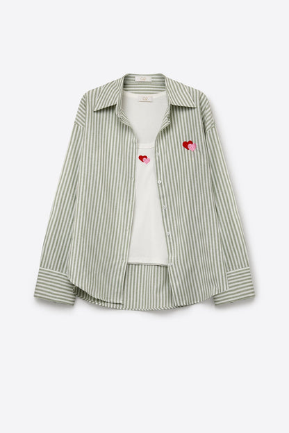 green Stripe Cotton Embroidered Heart Set t-shirt and shirt 2 pieces - Shirts