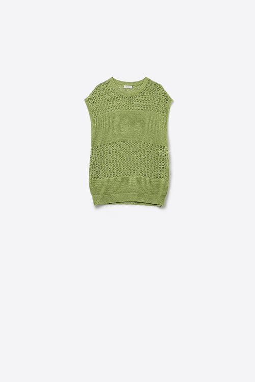 Green sweater with soft open knit and dropped sleeves