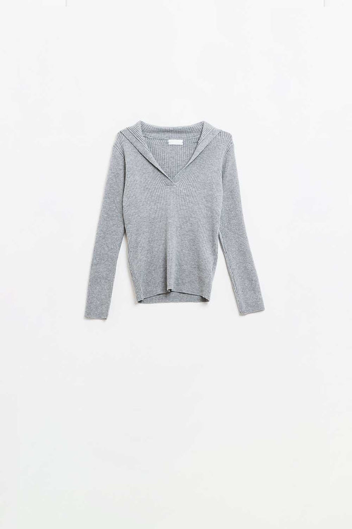Grey Collared Rib sweater With Long Sleeves