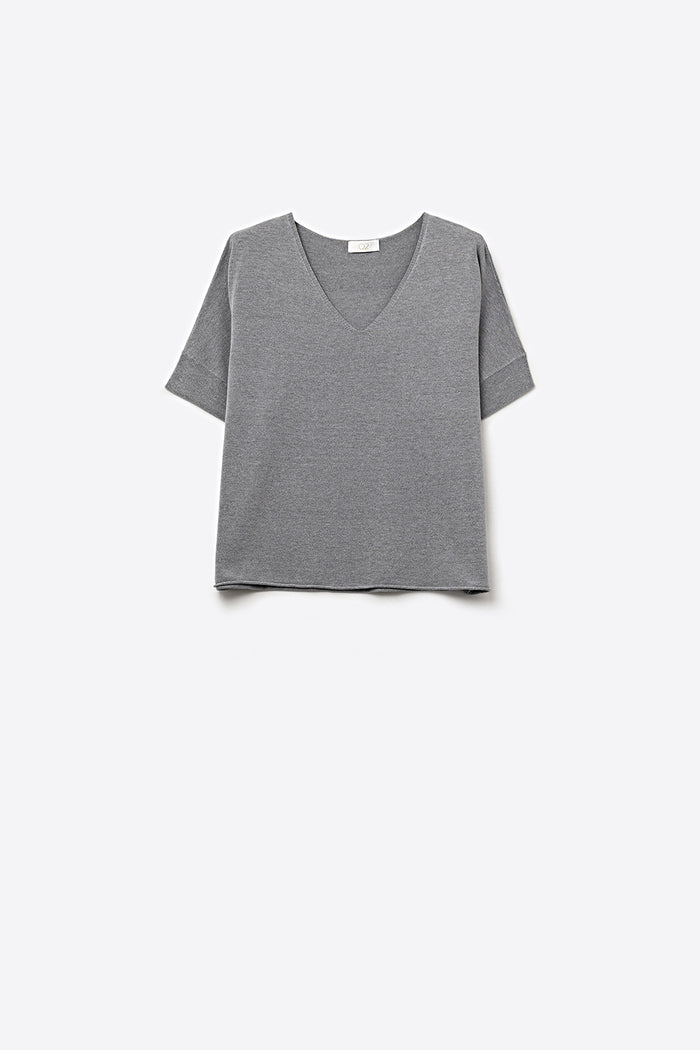 Grey Relaxed V-Neck Short Sleeve Knit Top