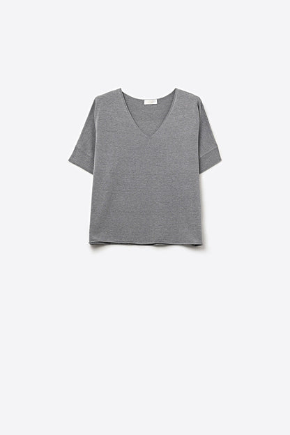 Grey Relaxed V-Neck Short Sleeve Knit Top
