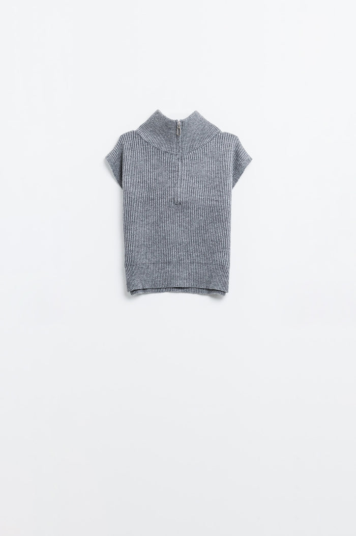 Grey sleeveless turtleneck sweater with zipper closure