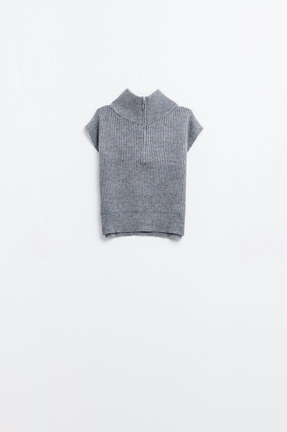 Grey sleeveless turtleneck sweater with zipper closure