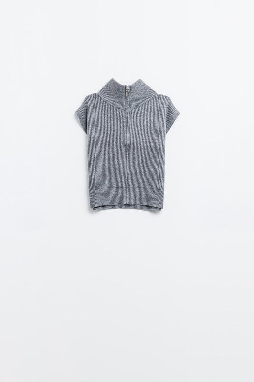 Grey sleeveless turtleneck sweater with zipper closure