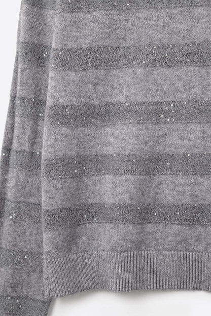 grey Striped Knit Sweater with Sequin Detail