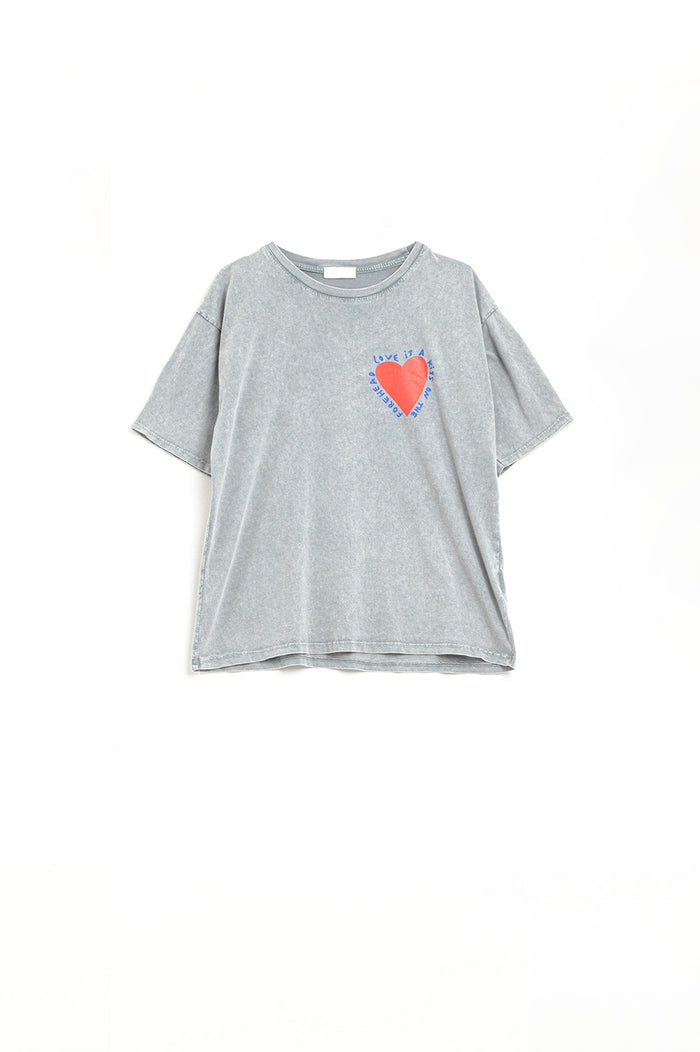 Grey T-shirt featuring a heart design on both the front and back - top