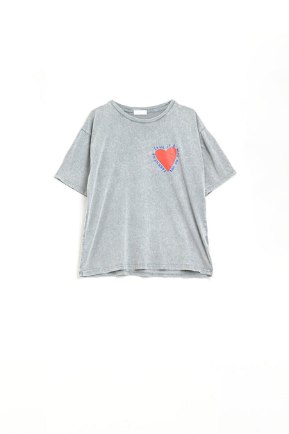Grey T-shirt featuring a heart design on both the front and back - top