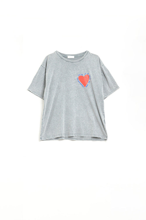 Grey T-shirt featuring a heart design on both the front and back - top