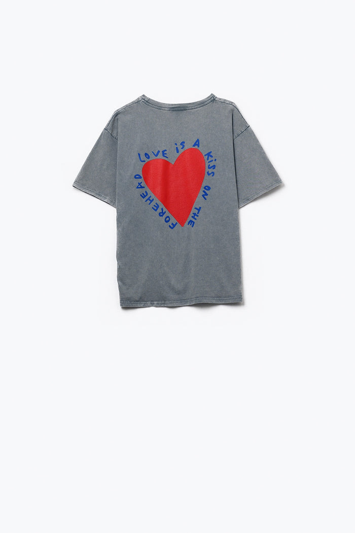 Grey T-shirt featuring a heart design on both the front and back - top