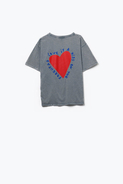 Grey T-shirt featuring a heart design on both the front and back - top