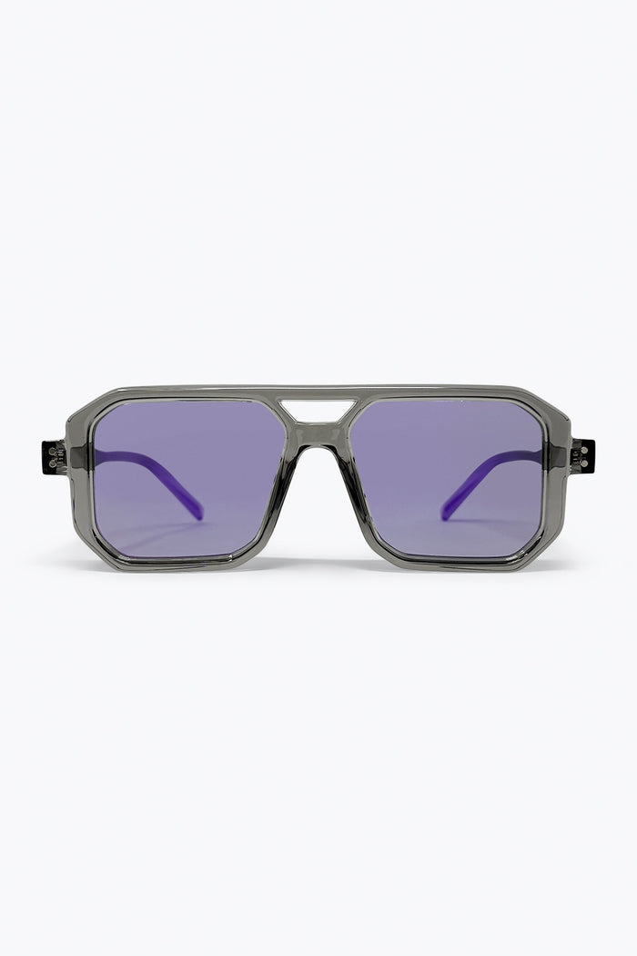 Grey Transparent Frame Purple Tinted Oversize Geometric Sunglasses