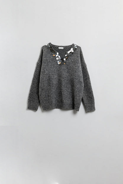 Grey V-neck sweater with sequin detail