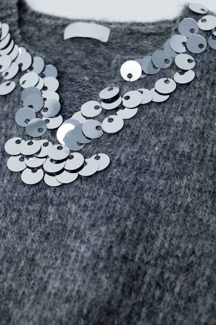 Grey V-neck sweater with sequin detail