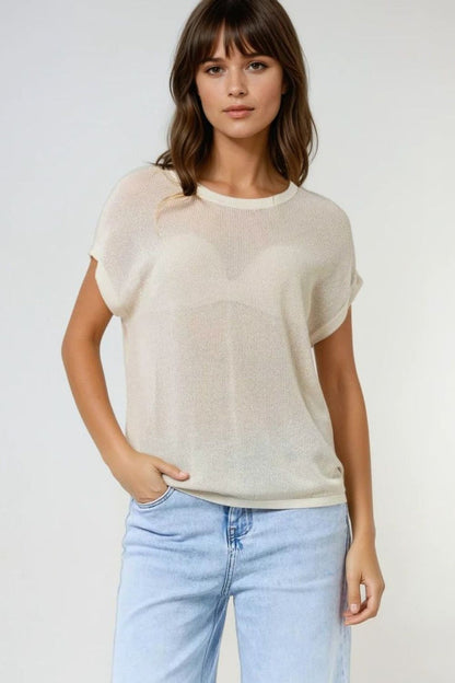 grid knit sweater in beige color