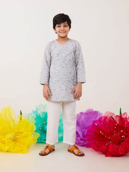 Grove Grey Organic Cotton Angrakha Kurta Set