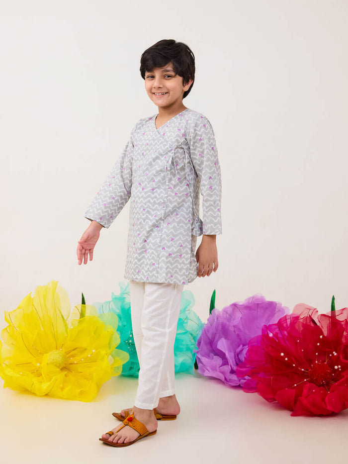 Grove Grey Organic Cotton Angrakha Kurta Set