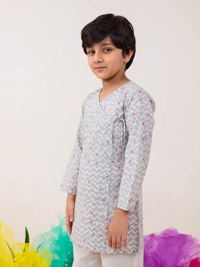 Grove Grey Organic Cotton Angrakha Kurta Set