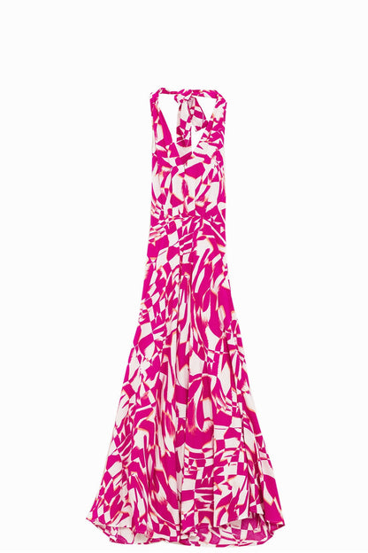 Halter Midi Dress with Cinched Waist In Abstract fuchsia and White Print - dress
