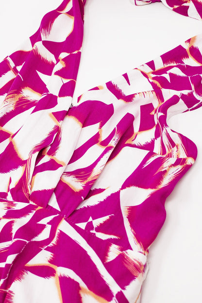 Halter Midi Dress with Cinched Waist In Abstract fuchsia and White Print - dress
