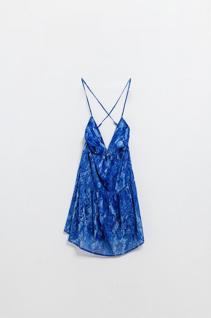 Halter Open Back BabyDoll Dress in snake Blue Print - dress