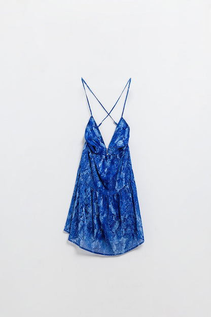 Halter Open Back BabyDoll Dress in snake Blue Print - dress