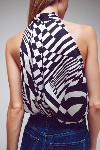 Halter Top With Tie Neck in Abstract Black and White Print - Shirts, top