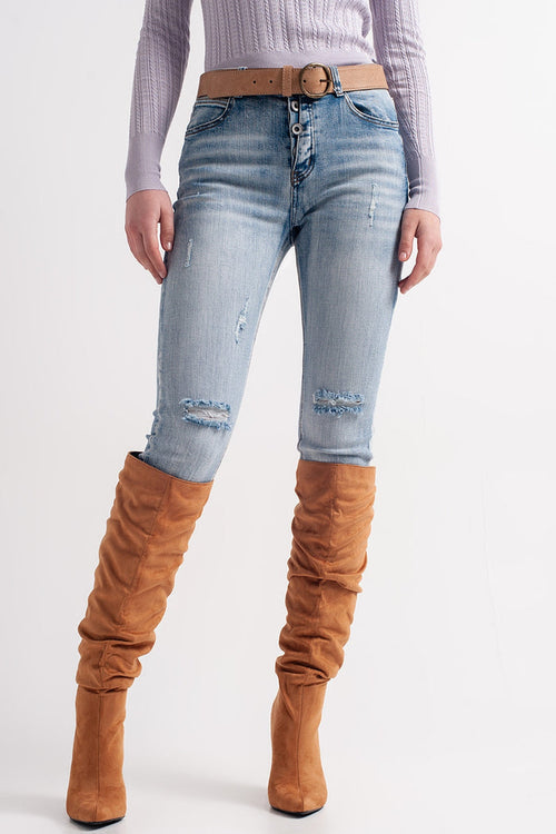 Heather skinny leg distressed jeans with button detail in light blue - Denim