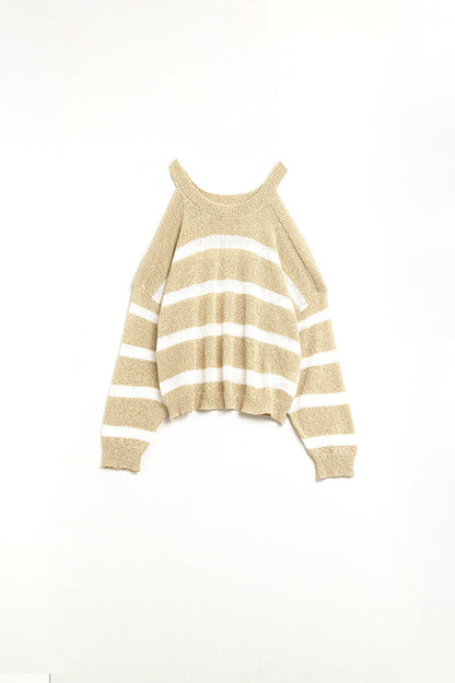 Heather Sweater With Open Shoulders and Horizontal Stripes in Beige