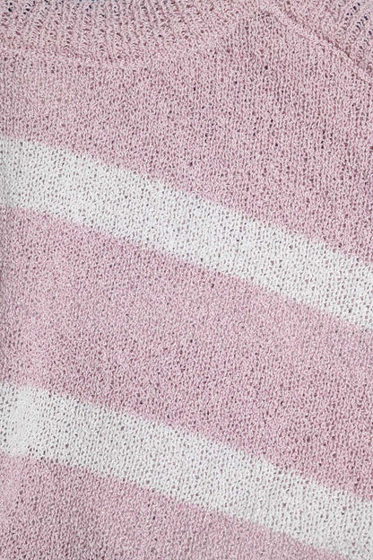 Heather Sweater With Open Shoulders and Horizontal Stripes in Pink