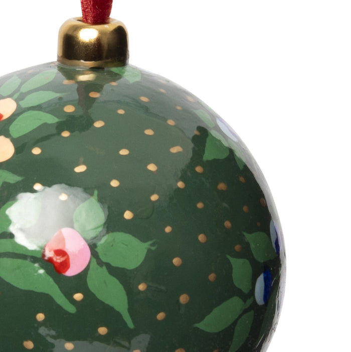 Heirloom Paper Mache Folk Floral Round Christmas Ornament Forest