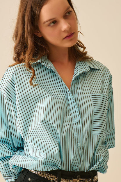 High-Low Oversized Striped Shirt With Chest Pocket in Black and Blue - Shirts