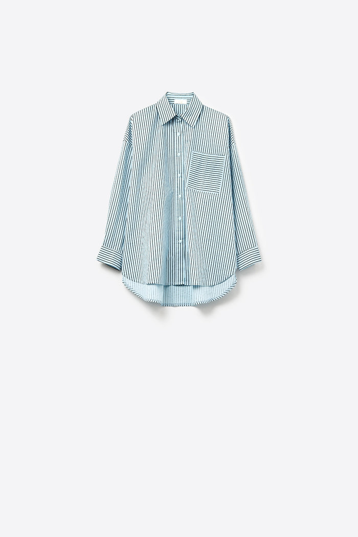 High-Low Oversized Striped Shirt With Chest Pocket in Black and Blue - Shirts