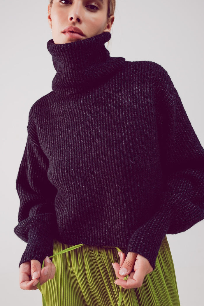 High neck jumper with balloon sleeve in black