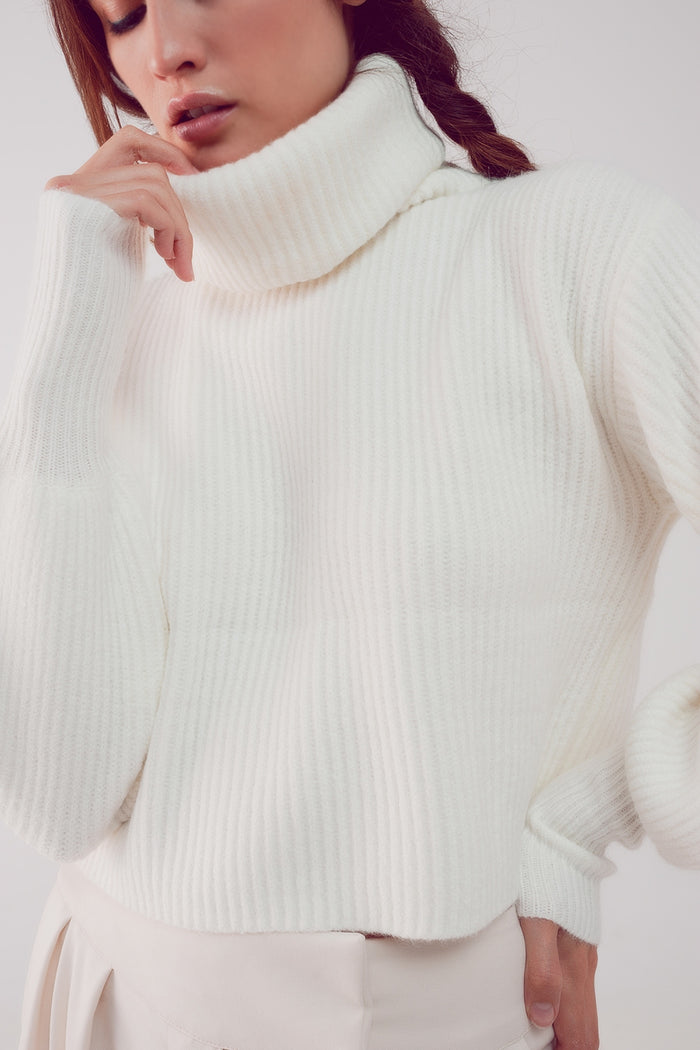 High neck jumper with balloon sleeve in cream
