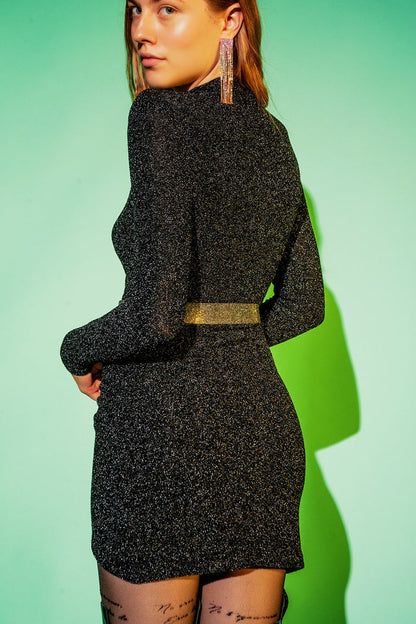 High neck long sleeve pencil dress in black glitter - dress
