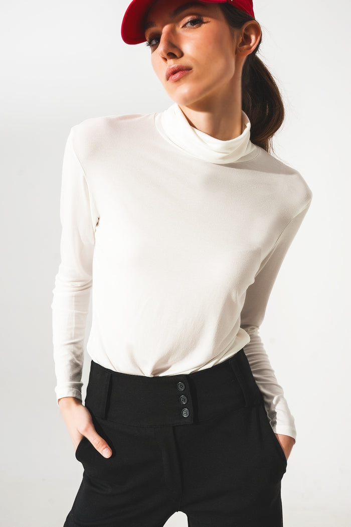 High neck long sleeve top in cream modal - top