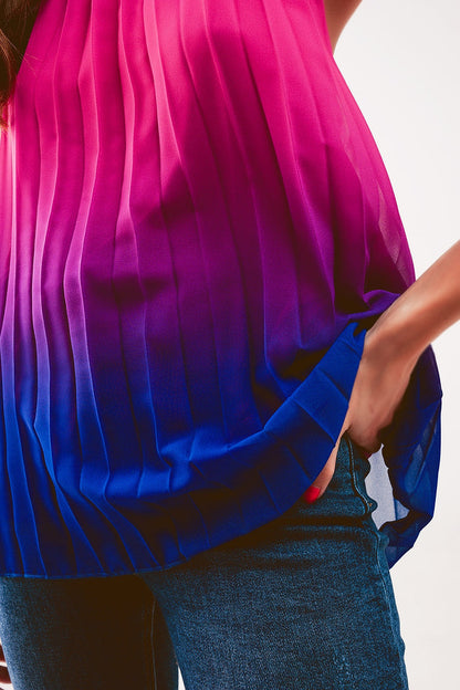 High neck pleat top in fuchsia ombre