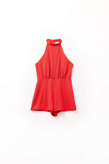 High Neck red romper with Front Pleat Detail