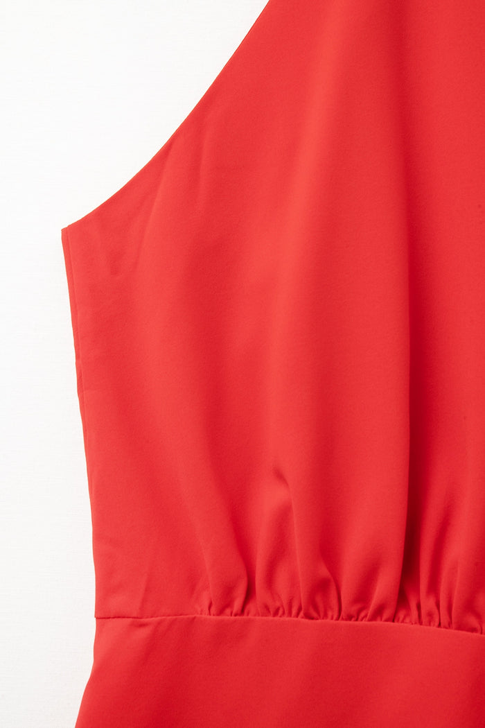 High Neck red romper with Front Pleat Detail