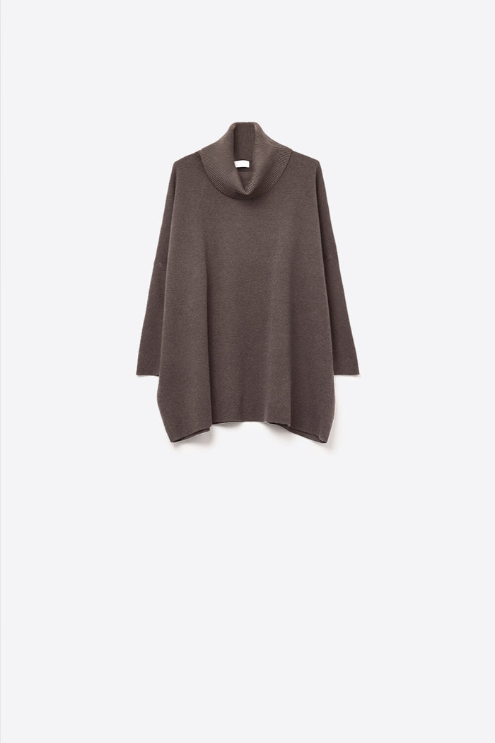 High Neck Tunic Sweater in brown with fitted sleeves