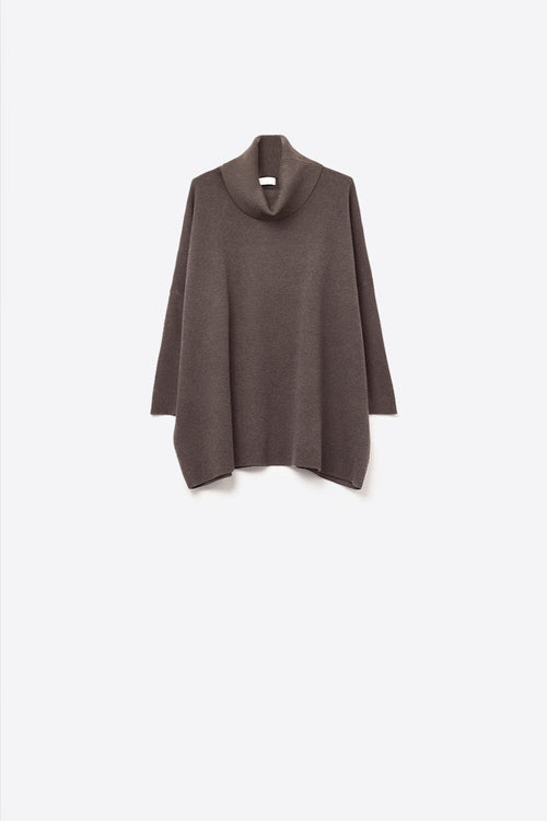 High Neck Tunic Sweater in brown with fitted sleeves