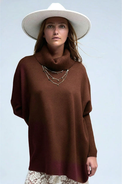 High Neck Tunic Sweater in brown with fitted sleeves