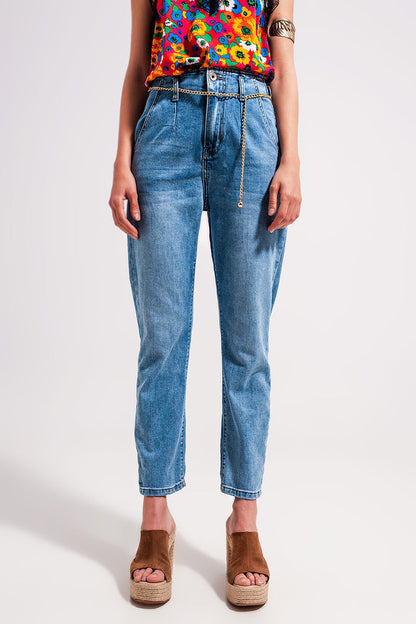 High rise straight leg belt detail jeans in light wash - Denim