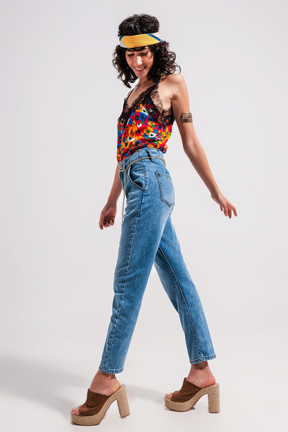 High rise straight leg belt detail jeans in light wash - Denim