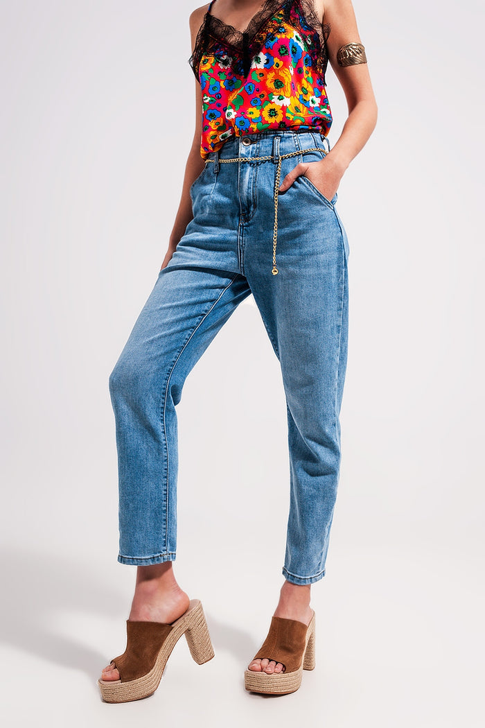 High rise straight leg belt detail jeans in light wash - Denim