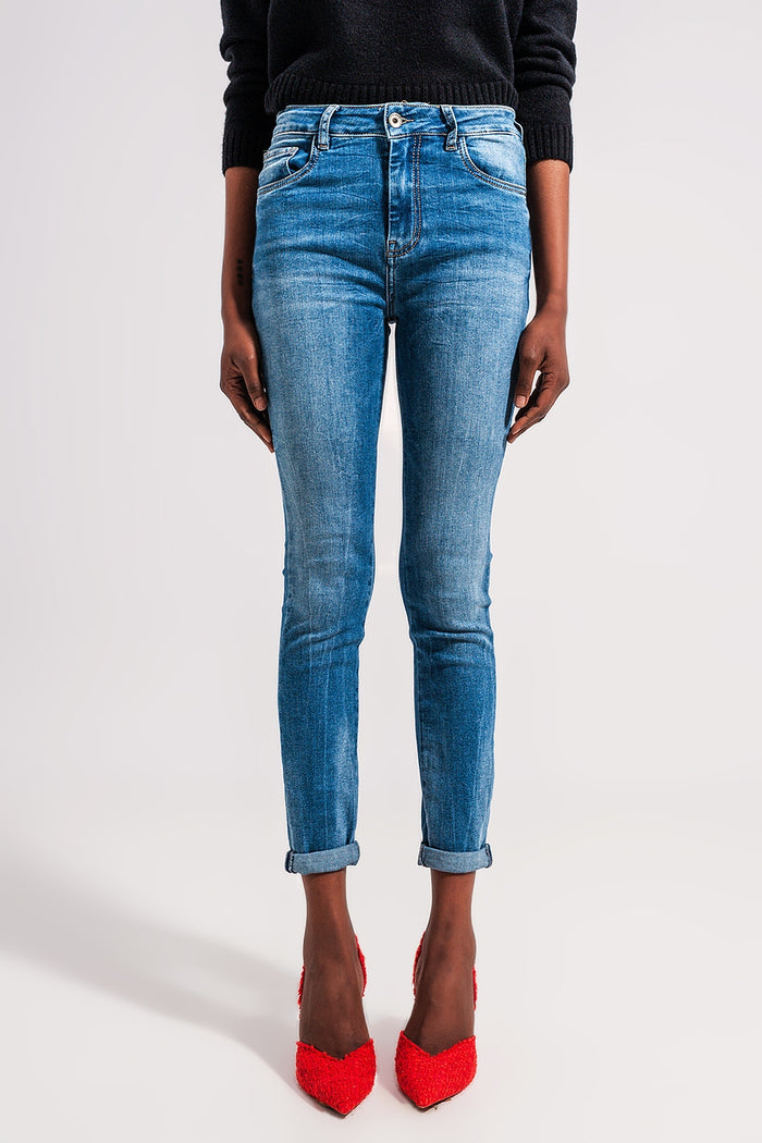 High waist Elastic skinny jeans in mid blue - Denim