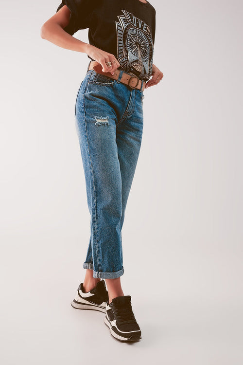 High waist jean with thigh slash in midblue - Denim
