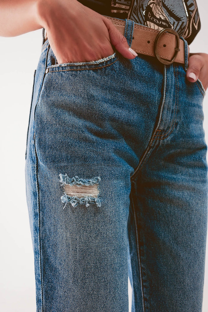 High waist jean with thigh slash in midblue - Denim