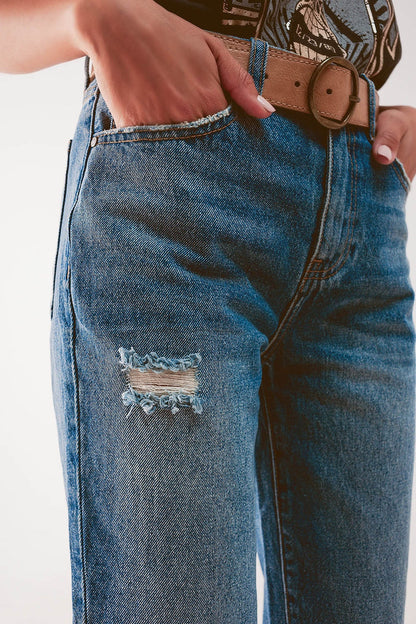 High waist jean with thigh slash in midblue - Denim
